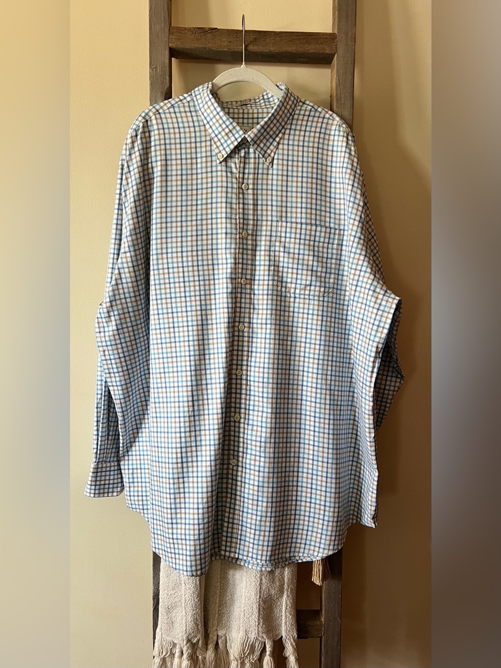 Peter Millar button-down shirt in a blue and beige plaid check pattern size XXL